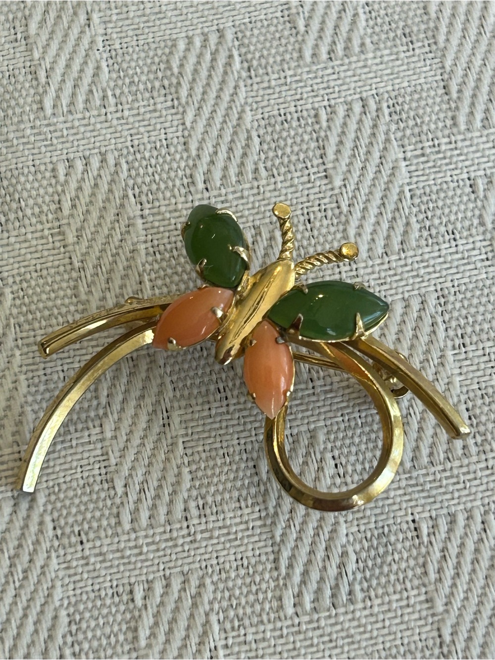 Vintage Star Art Gold filled Brooch with Jade and Coral Butterfly